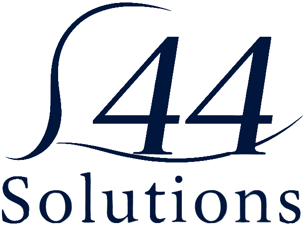 S44 Solutions logo with stylized S and numbers 44 in navy blue, with "Solutions" text below.