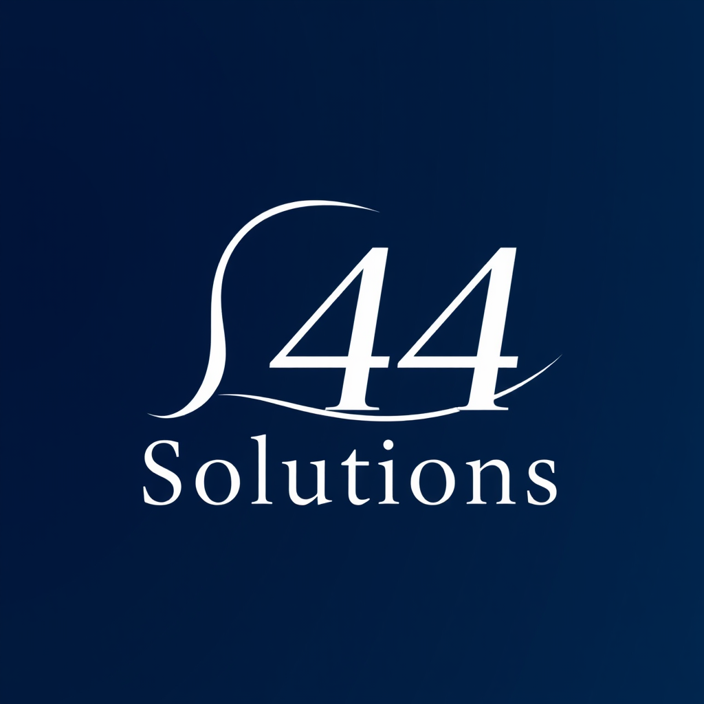 White "S44" logo with a swoosh and "Solutions" text on a dark blue background.